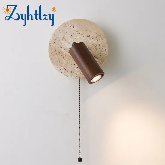 Modern Nordic Wood LED GU10 Natural Marble Stone Yellow Travertine Wall Decor Wall Light Wabi Sabi Style Reading Bedroom Cafe Hotel Bedside Wall Lamp (ZY