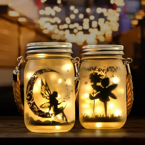 Solar Fairy Lanterns Frosted Glass Hanging Mason Jar Lights with 20LEDs and DIY Paper Cards Warm White Light IP44 Waterproof Bl21021 